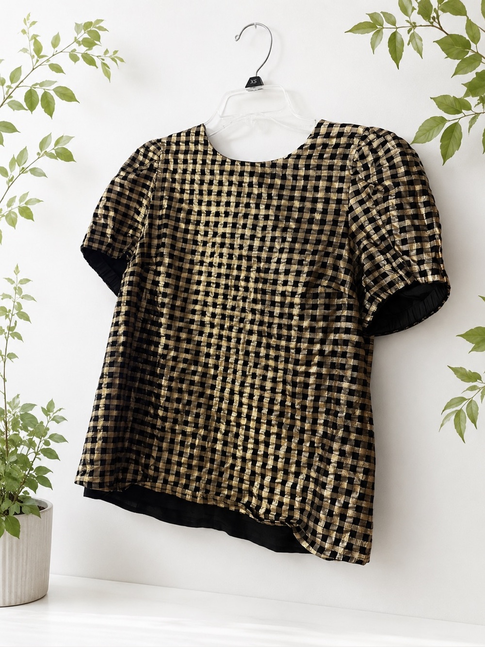 J. Crew Black and Gold Check Short Sleeve Top